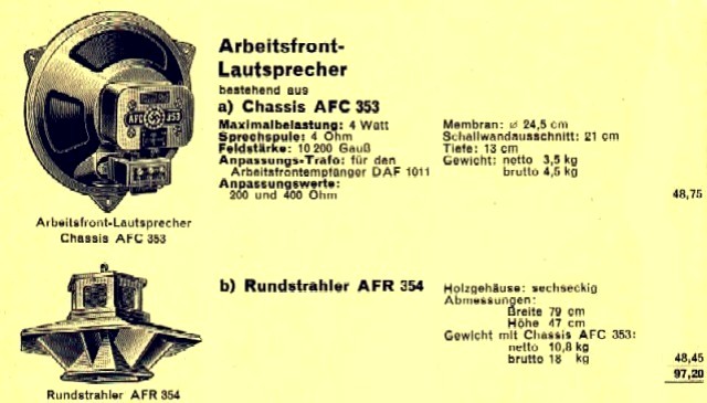 Werbung AFR 354, AFC 353 - DAF 1011 Lautsprecher Chassis und Rundstrahler (Ampellautsprecher)